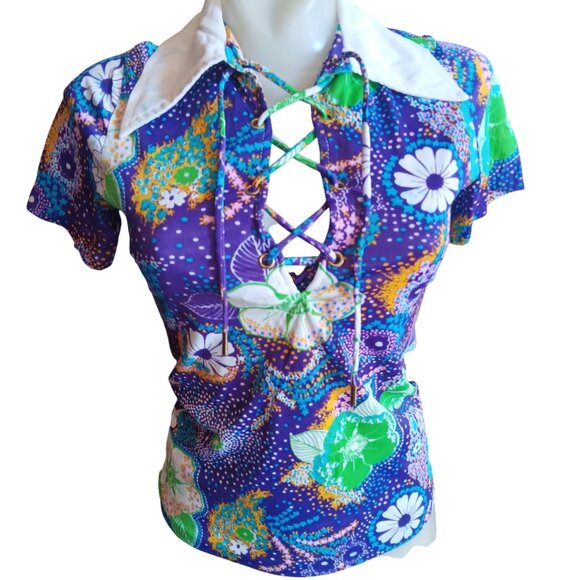 Small Vintage Women's Top 1960s Psychedelic Lace-Up Bodice Stretch Groovy Mod - Picture 1 of 8